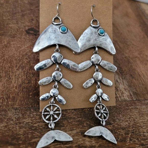 Vintage Inspired Boho Fish Bone Dangle Earrings With Turquoise Accents - Picture 10 of 13